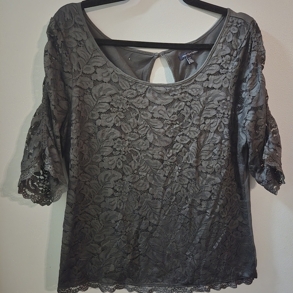 American Eagle Outfitters Tops - Xl Gray Lace Overlay Top Whimsy Goth Dark Fairy Short Sleeve